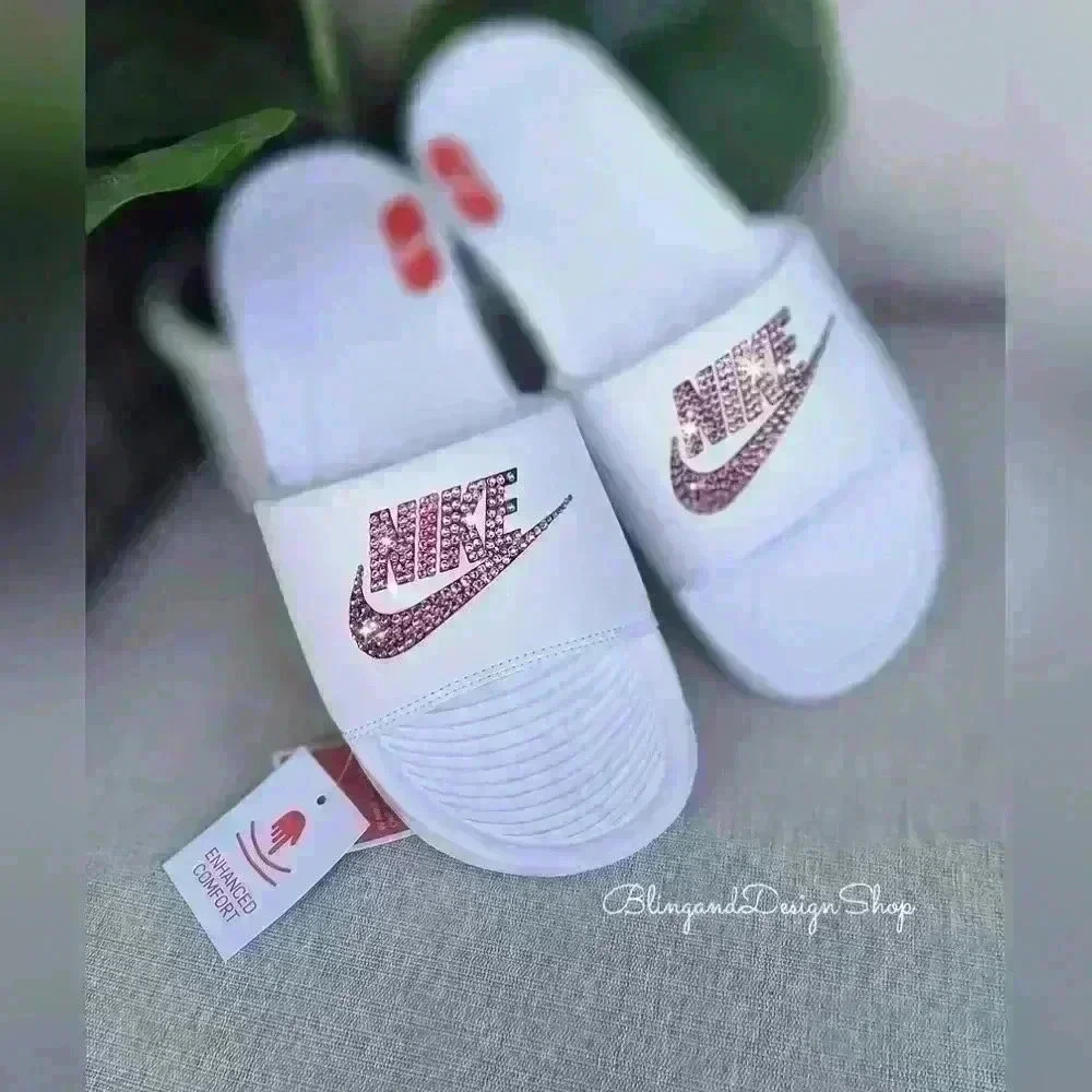 Nike Victori One Slide Sandals Custom with Pink Crystal Rhinestones Bling Nikes